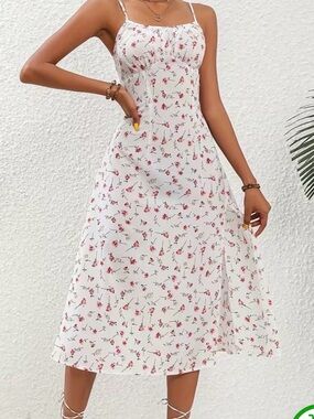 Floral Spaghetti-Strap Midi Dress in White with Pink Blossoms